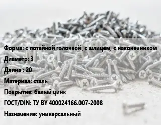 Шуруп с потайной головкой, с шлицем, с наконечником 3х20 сталь белый цинк ГОСТ: ТУ BY 400024166.007-2008 универсальный